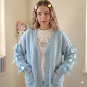 JapanLA Sanrio Cinnamoroll Cardigan Sweater Womens XL Fuzzy Blue Bow Kawaii